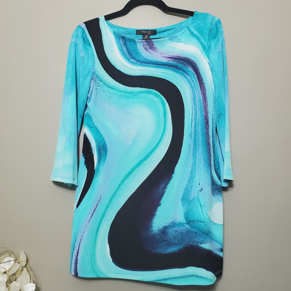 Style & Co. Tunic Top Petite Size Medium Blue Green Abstract Wavy Ocean Stretchy